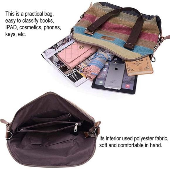 Canvas Handbag Striped Lattice Cross Body Shoulder Purse Bag Tote-Handbag - Picture 5 of 7